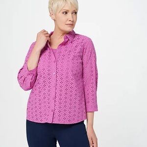 Brand New Joan Rivers 3/4 Sleeve Eyelet Blouse Color Orchid